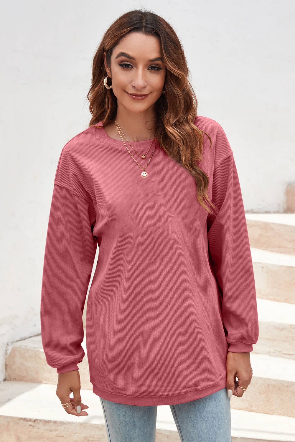Ribbed Corded Oversized Sweatshirt: XL / Apricot