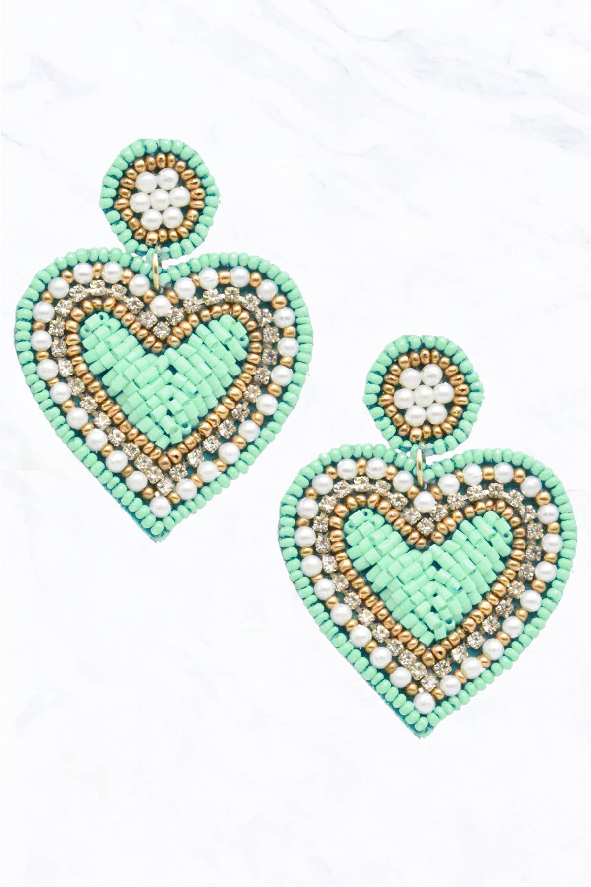 Seed Bead Heart, Pearl, Fabric Post Dangle Earrings