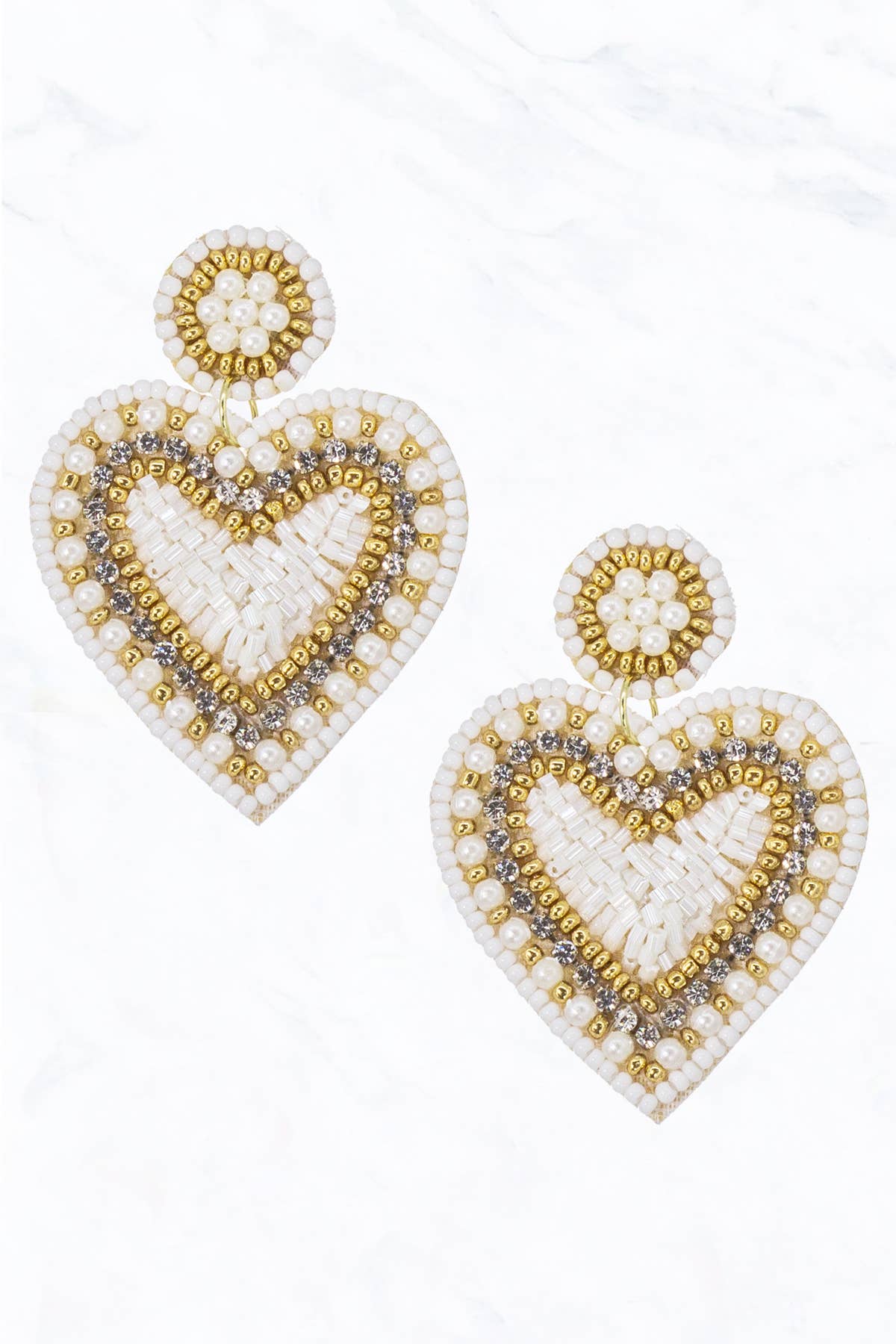 Seed Bead Heart, Pearl, Fabric Post Dangle Earrings