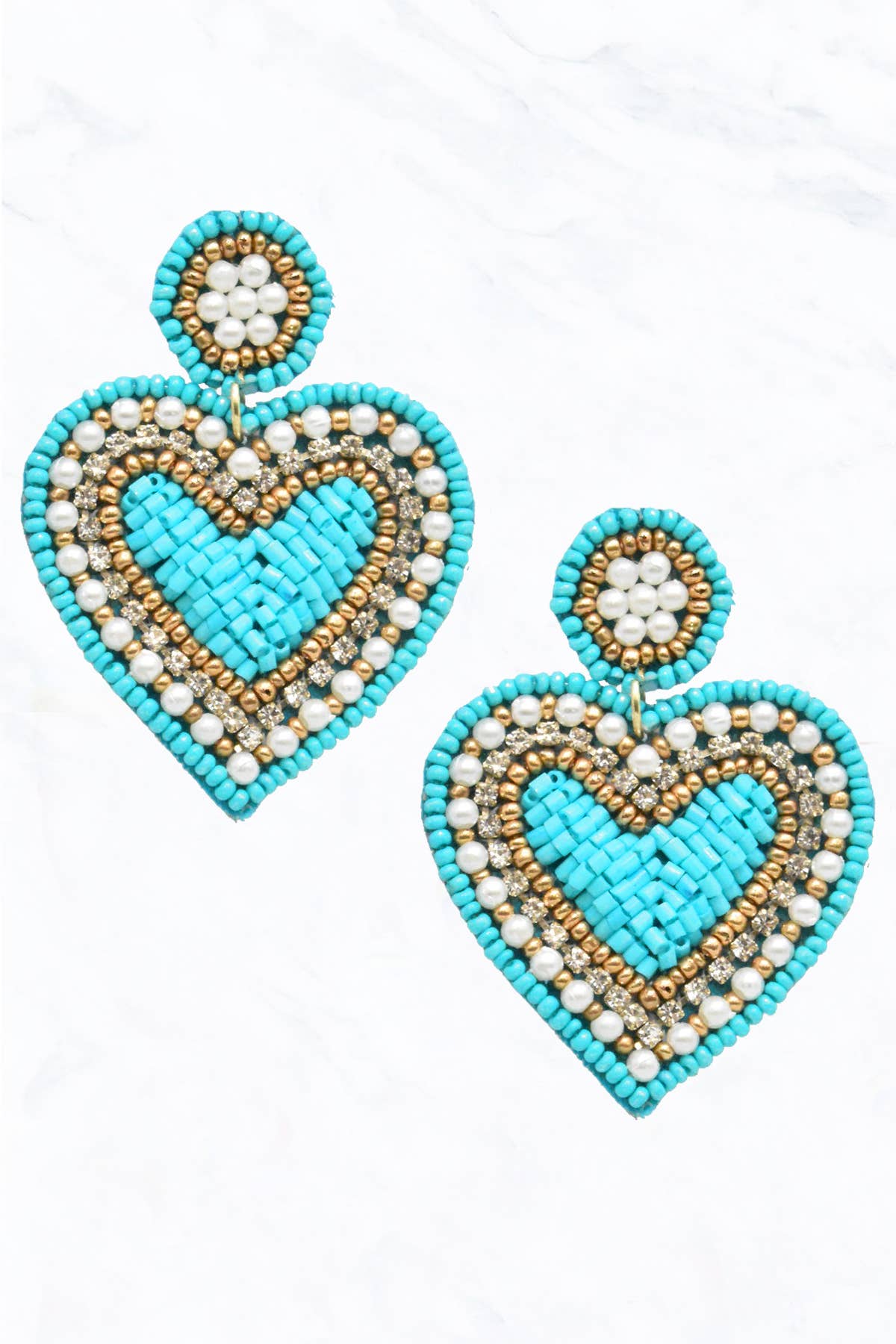 Seed Bead Heart, Pearl, Fabric Post Dangle Earrings
