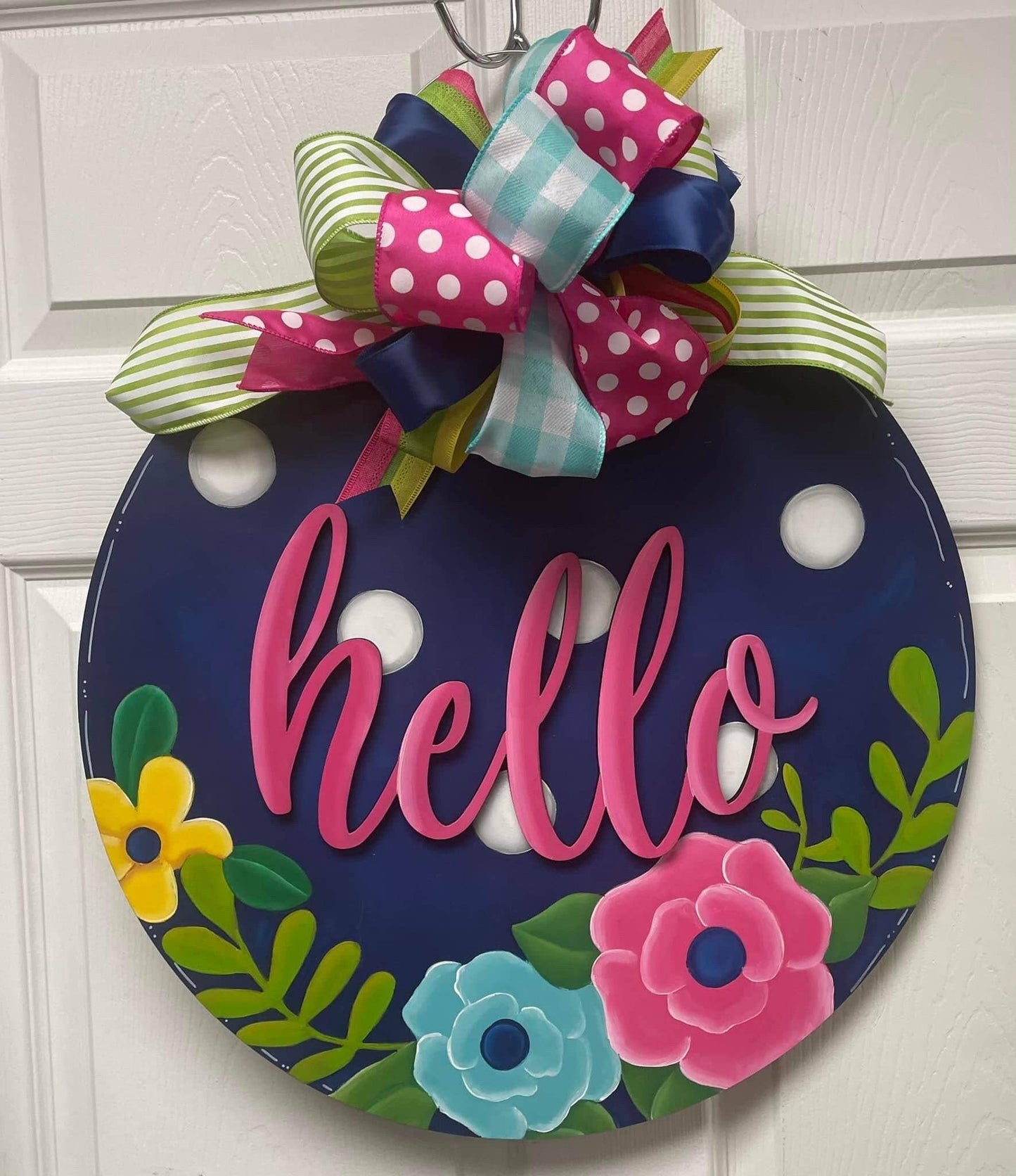 Everyday Hello Circle Polka Dots w/ Flowers Door Hanger