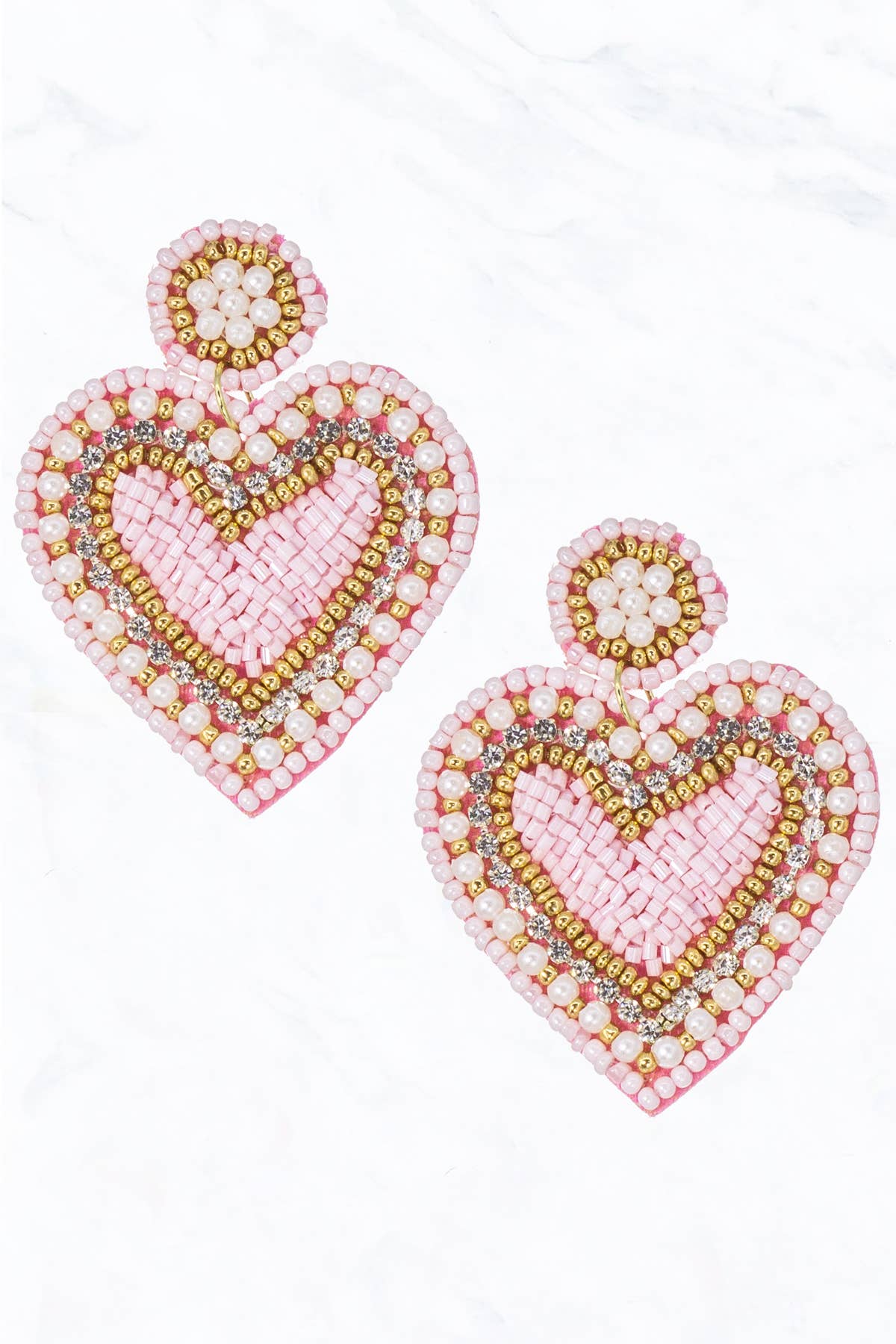 Seed Bead Heart, Pearl, Fabric Post Dangle Earrings