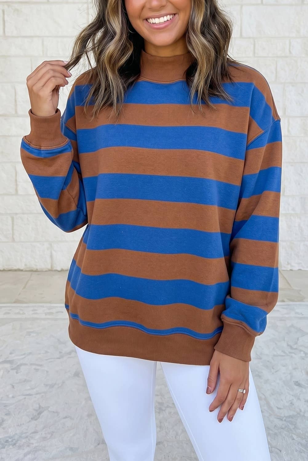 Stripe Oversized Long Sleeve Mock Neck Sweatshirt S-4X