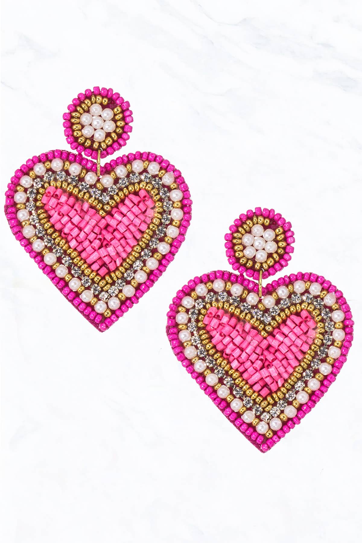 Seed Bead Heart, Pearl, Fabric Post Dangle Earrings