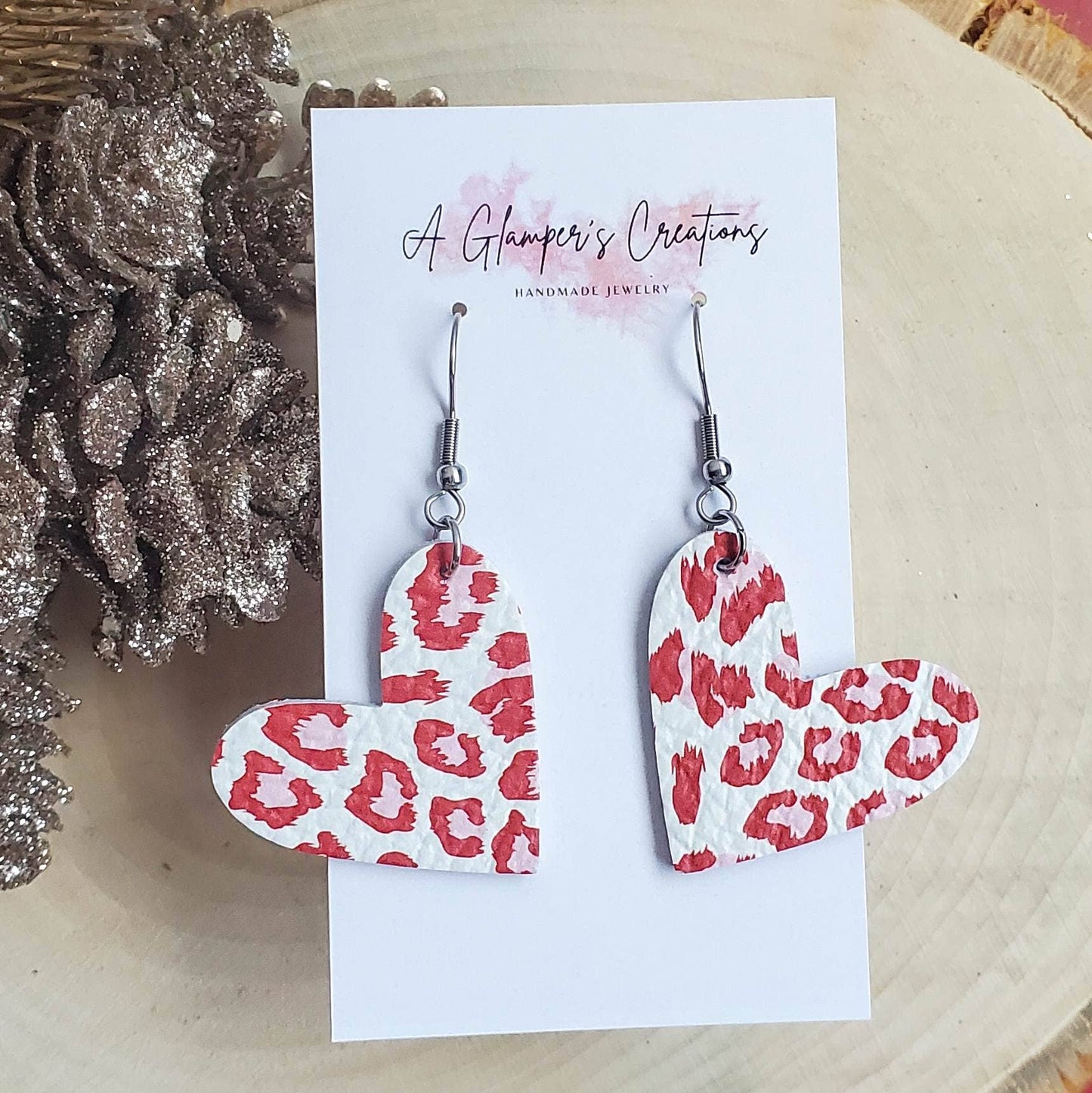 Red & Pink Leopard Heart Valentine's Day Leather Earrings