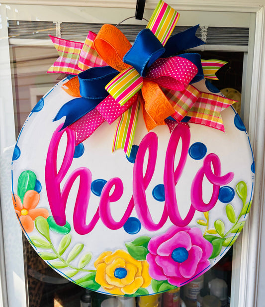 Everyday Hello Circle Polka Dots w/ Flowers Door Hanger