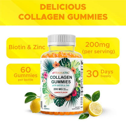 Vitamatic Hydrolyzed Collagen Gummies| Zinc and Biotin| 60ct