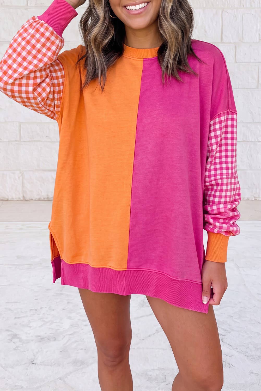 Colorblock Gingham Sleeve Crewneck Sweatshirt