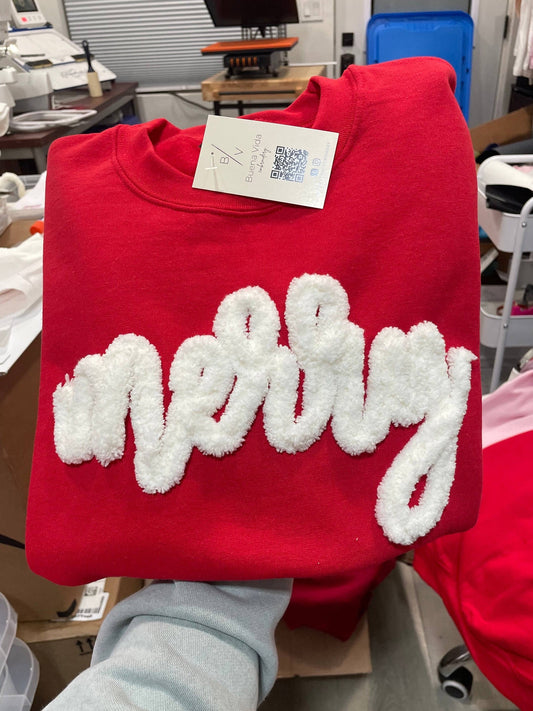 Merry Yarn Christmas Embroidered Crew Sweatshirt