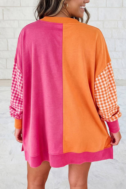 Colorblock Gingham Sleeve Crewneck Sweatshirt