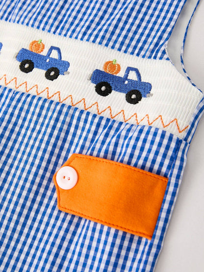 Fall Thanksgiving & Halloween Truck Smock Embroidery Baby Boy Romper