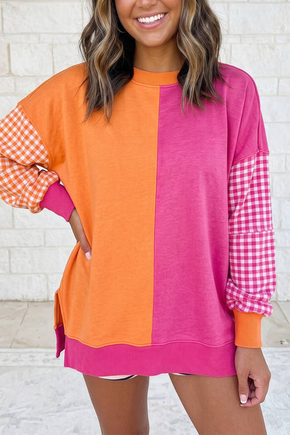 Colorblock Gingham Sleeve Crewneck Sweatshirt