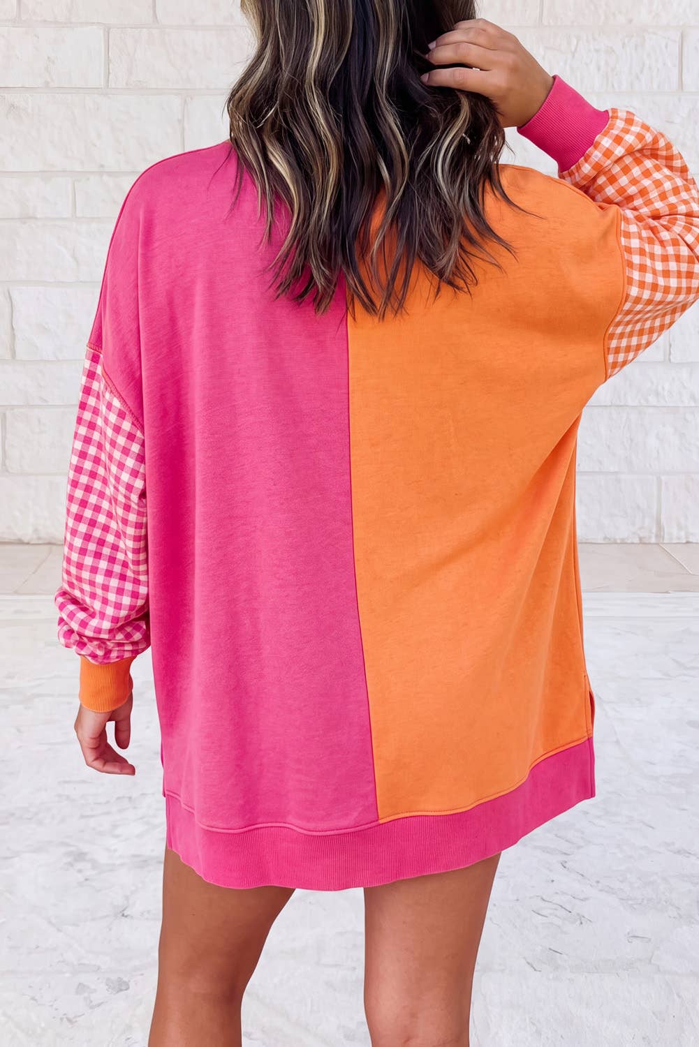 Colorblock Gingham Sleeve Crewneck Sweatshirt