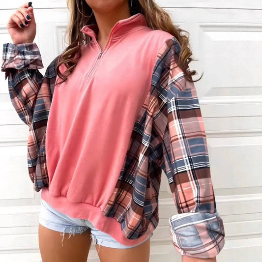 Vintage Plaid Half-Zip Stand Collar Long Sleeve Sweatshirt