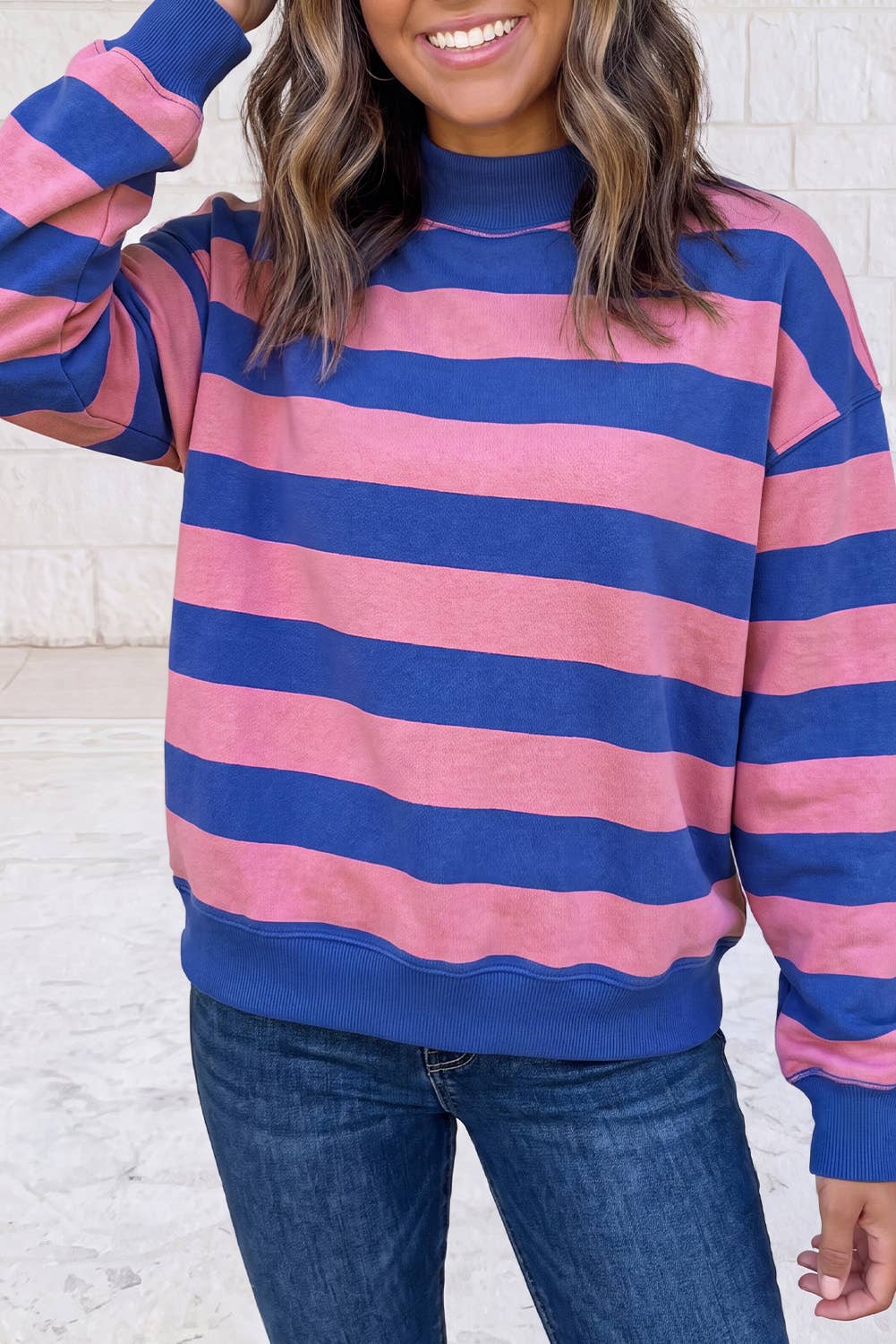 Stripe Oversized Long Sleeve Mock Neck Sweatshirt S-4X