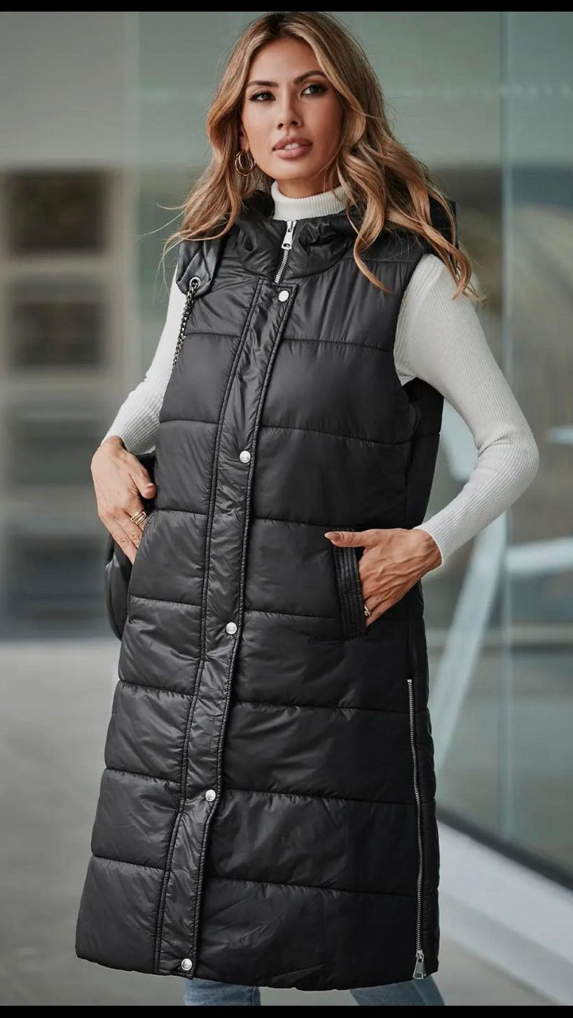 Longline Quilted Hooded Vest