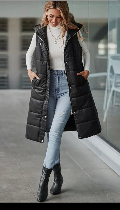 Longline Quilted Hooded Vest