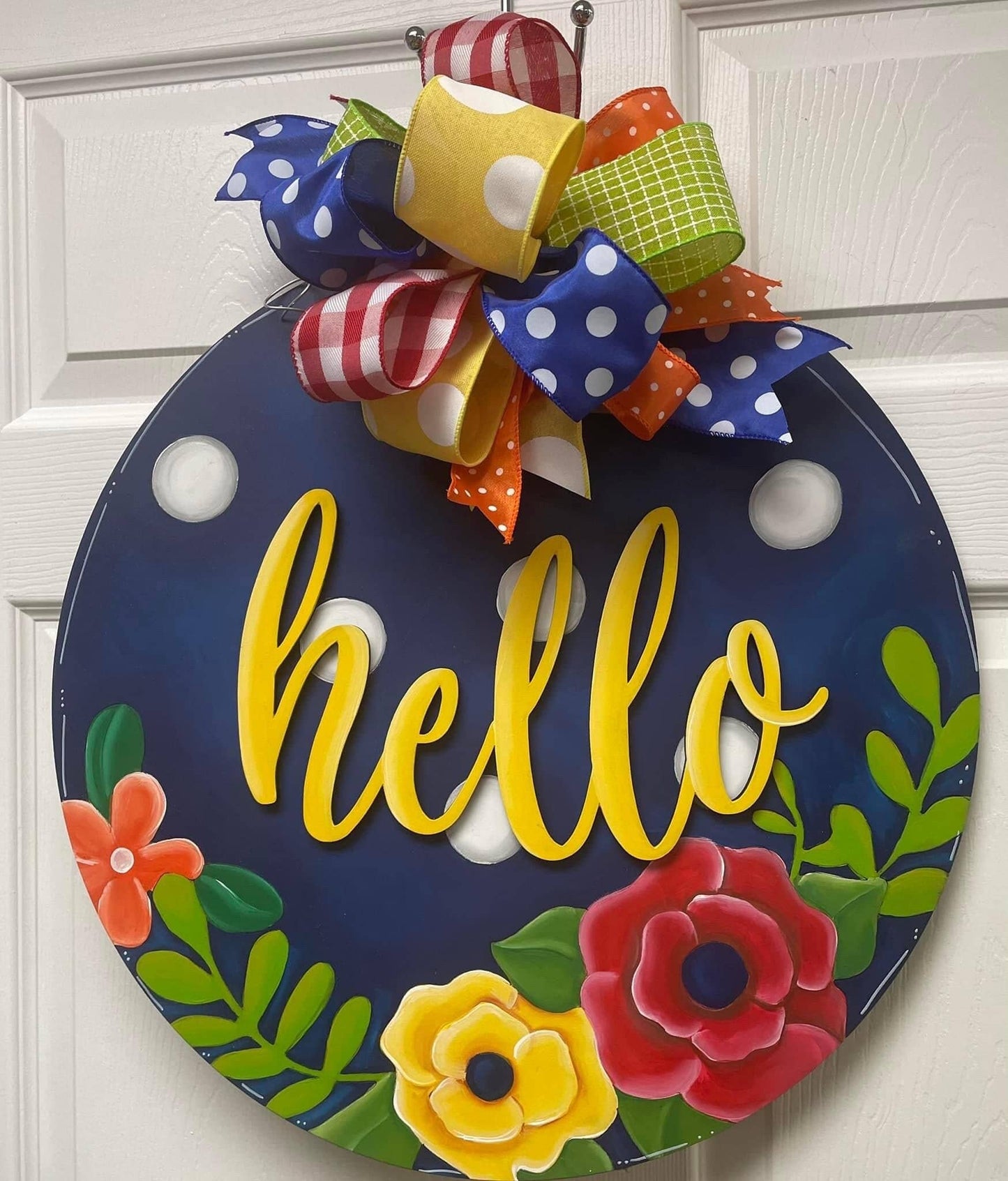 Everyday Hello Circle Polka Dots w/ Flowers Door Hanger
