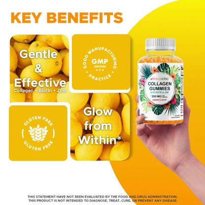 Vitamatic Hydrolyzed Collagen Gummies| Zinc and Biotin| 60ct