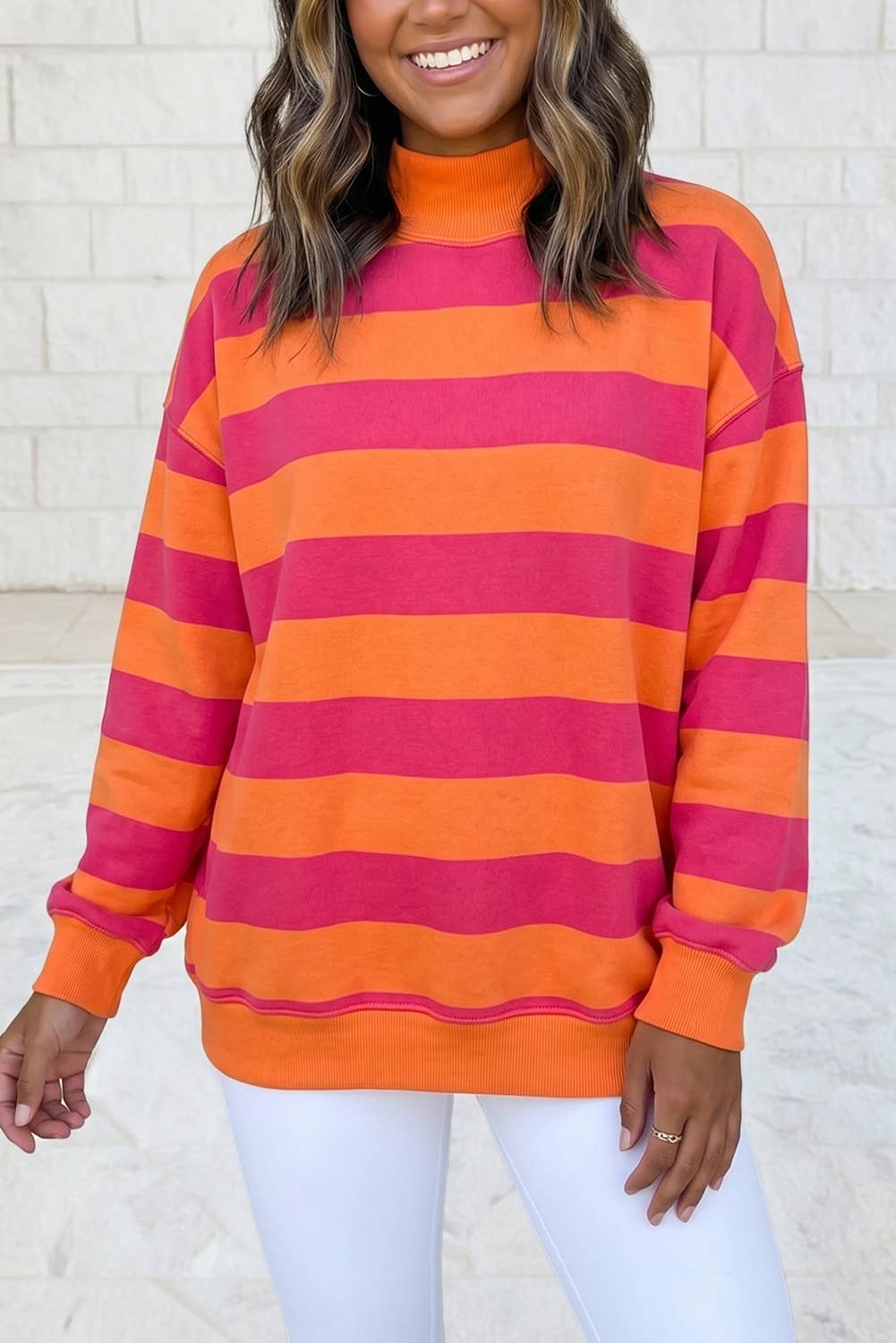 Stripe Oversized Long Sleeve Mock Neck Sweatshirt S-4X