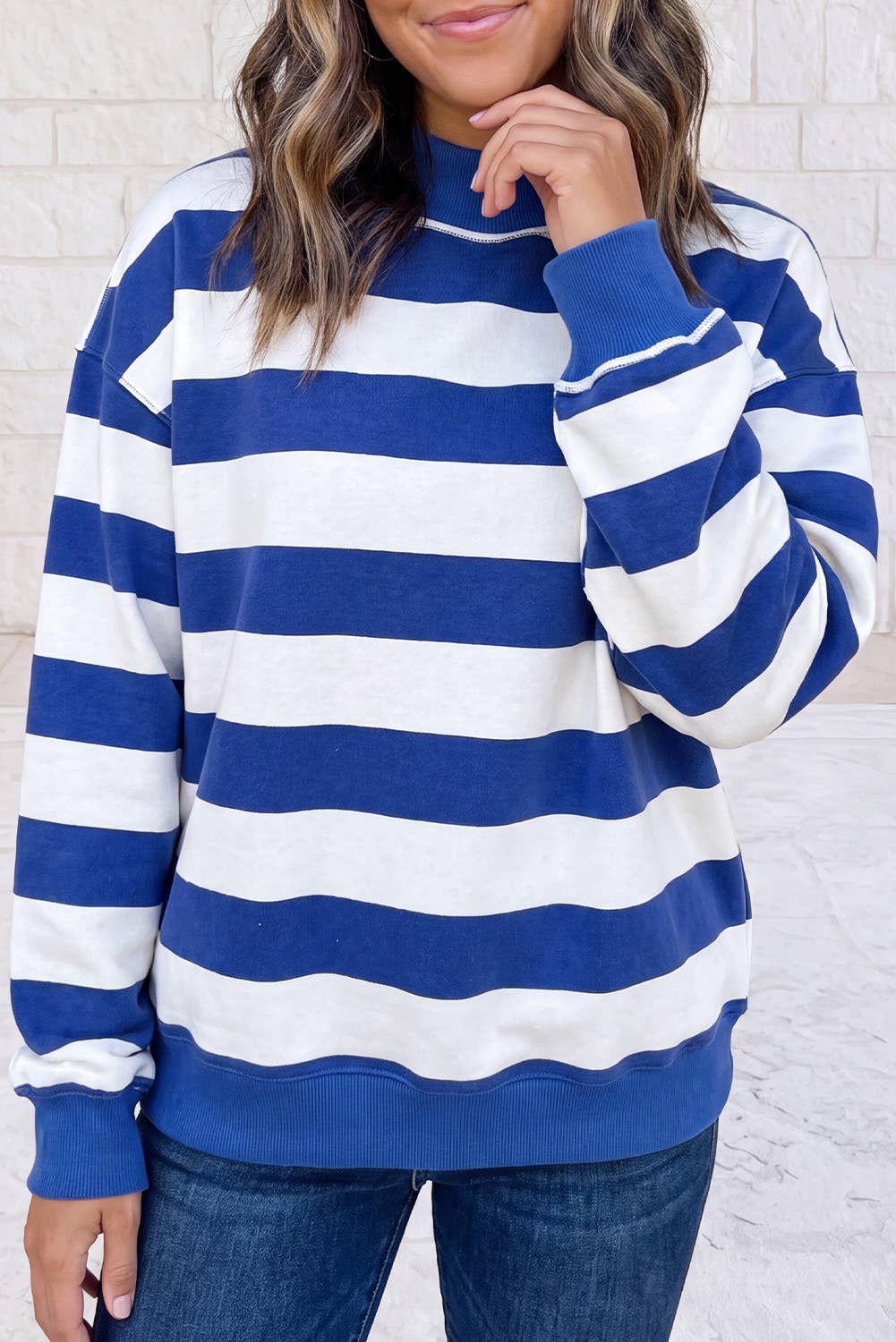 Stripe Oversized Long Sleeve Mock Neck Sweatshirt S-4X
