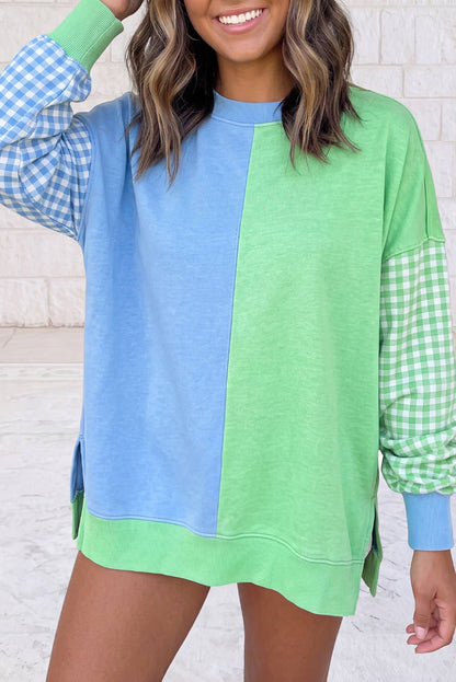 Colorblock Gingham Sleeve Crewneck Sweatshirt