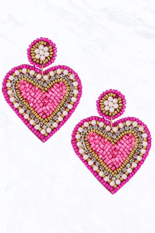Seed Bead Heart, Pearl, Fabric Post Dangle Earrings