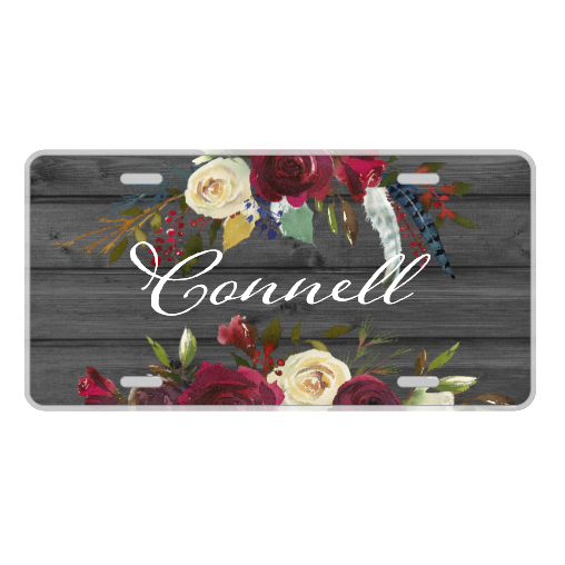 Faux Gray Wood and Floral Personalized License Plate